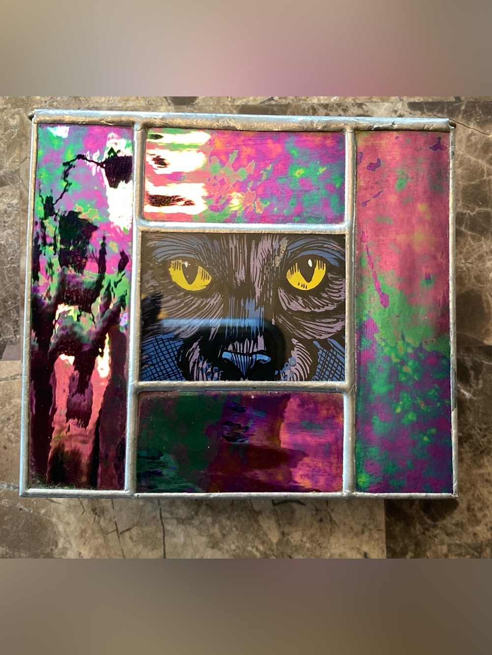 Rare Sullo Painted Trinket Black Cat Stained Glass Treasure Lined Stash $ Box